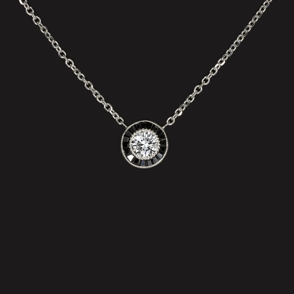 DIAMOND BLACK ONYX PENDANT NECKLACE VINTAGE STYLE ART DECO NATURAL TARGET HALO