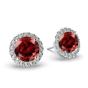 Diamond Garnet Halo Stud Earrings 18K White Gold Push Back