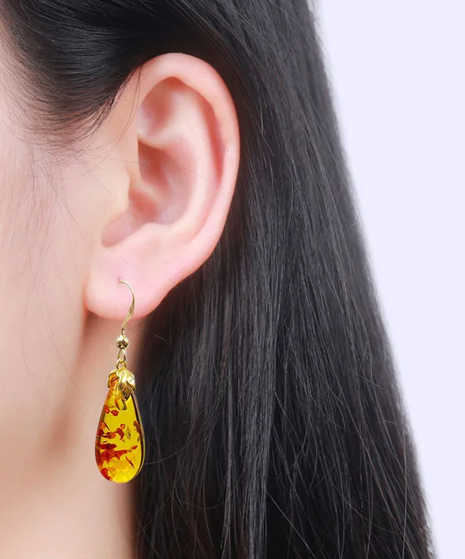 DIY Yellow 14K Gold Amber Water Drop Drop Earrings TW1038