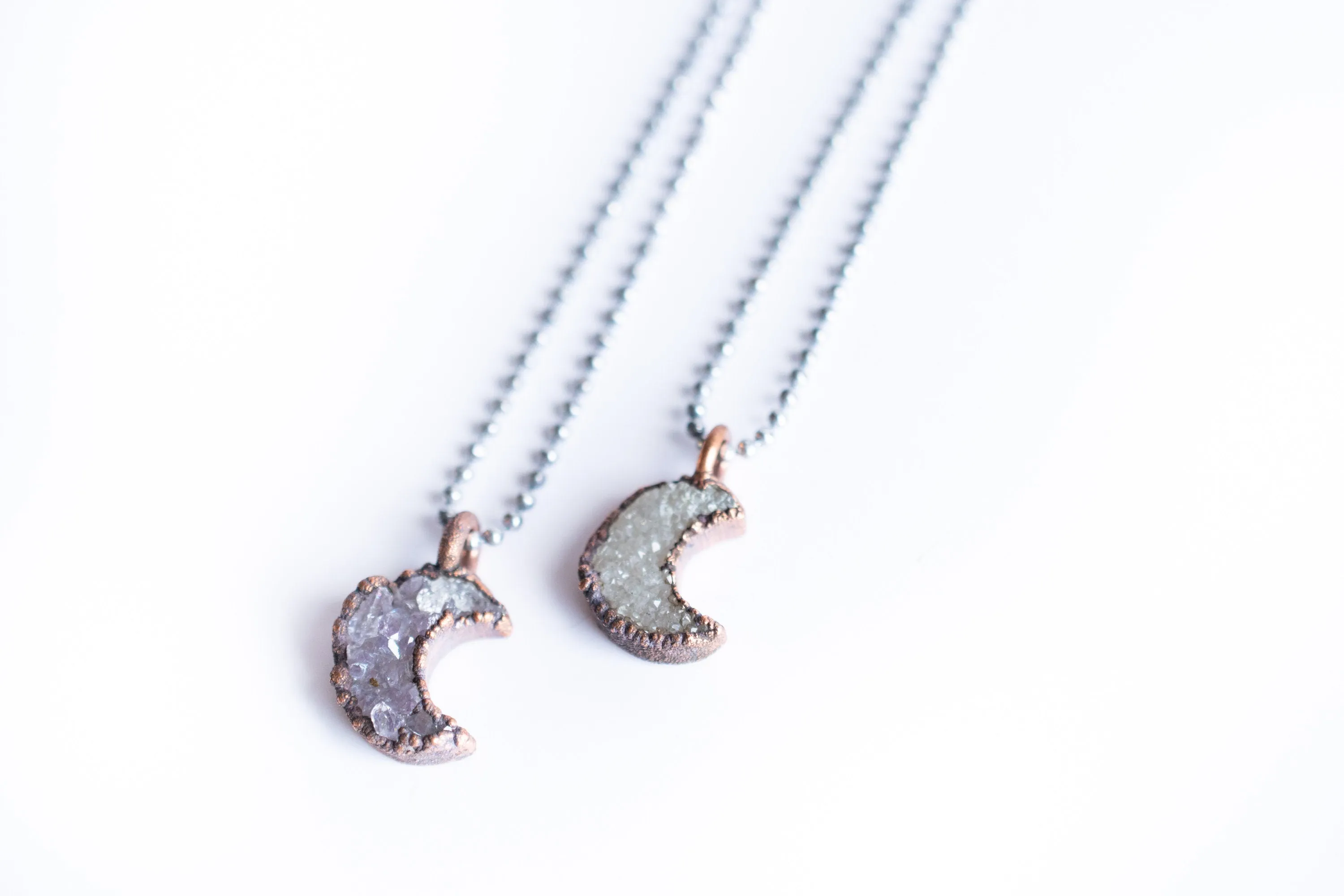 Druzy crystal moon necklace | Electroformed druzy necklace
