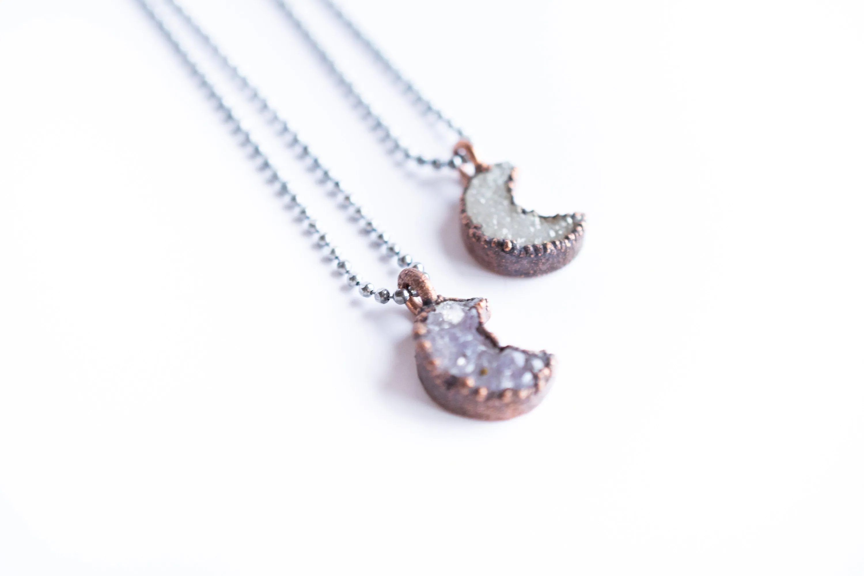 Druzy crystal moon necklace | Electroformed druzy necklace