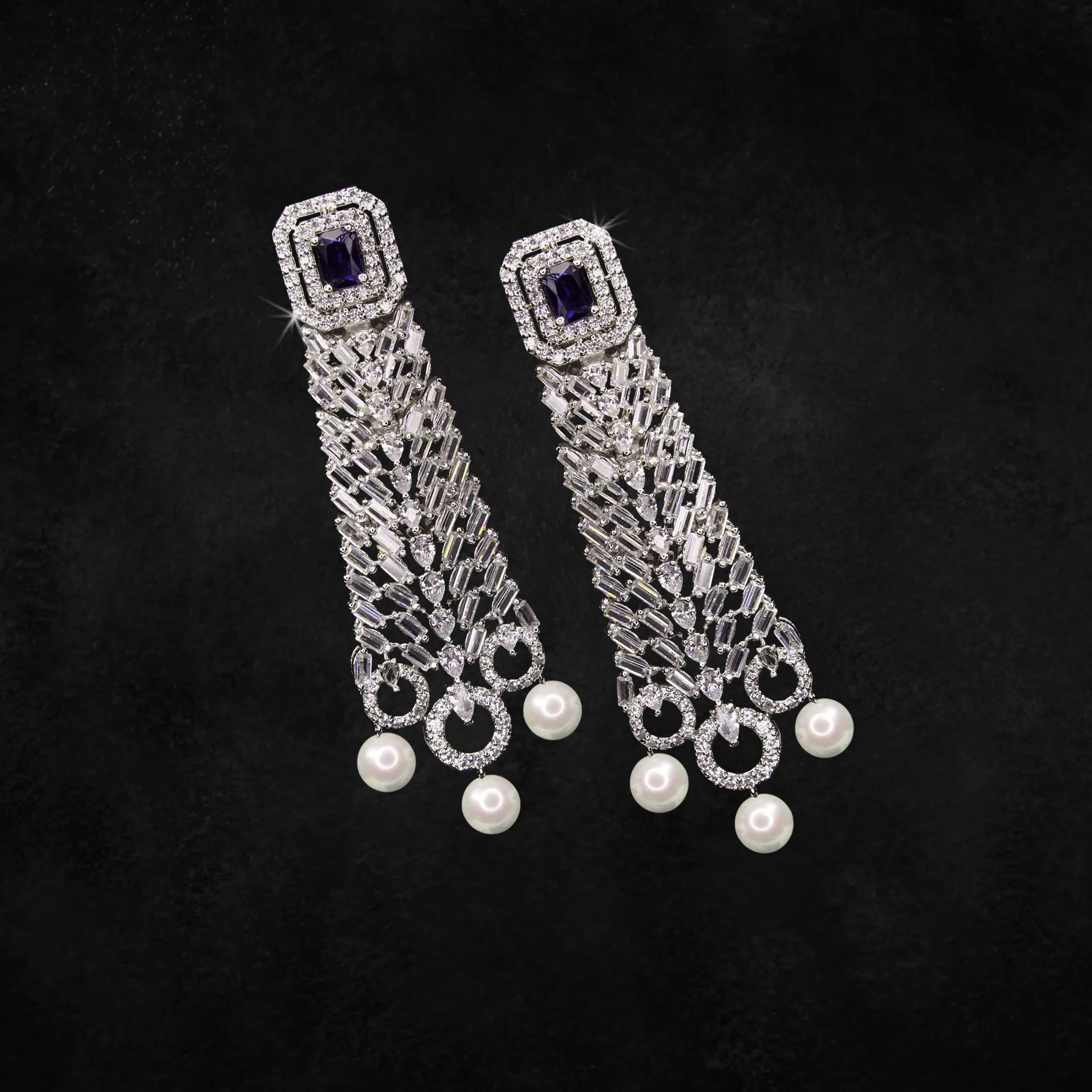 Earrings in Blue Onyx, Pearls and Zircons