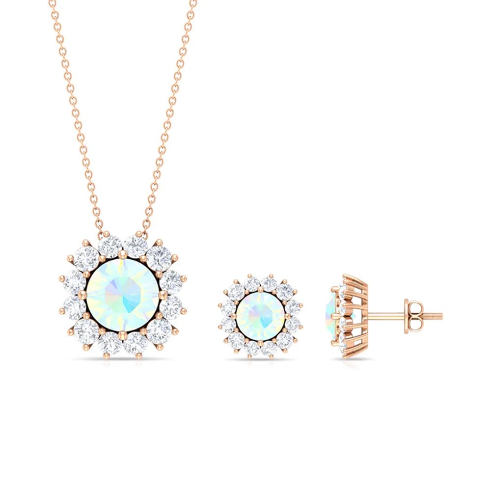 Ethiopian Opal and Moissanite Halo Pendant and Earrings Set