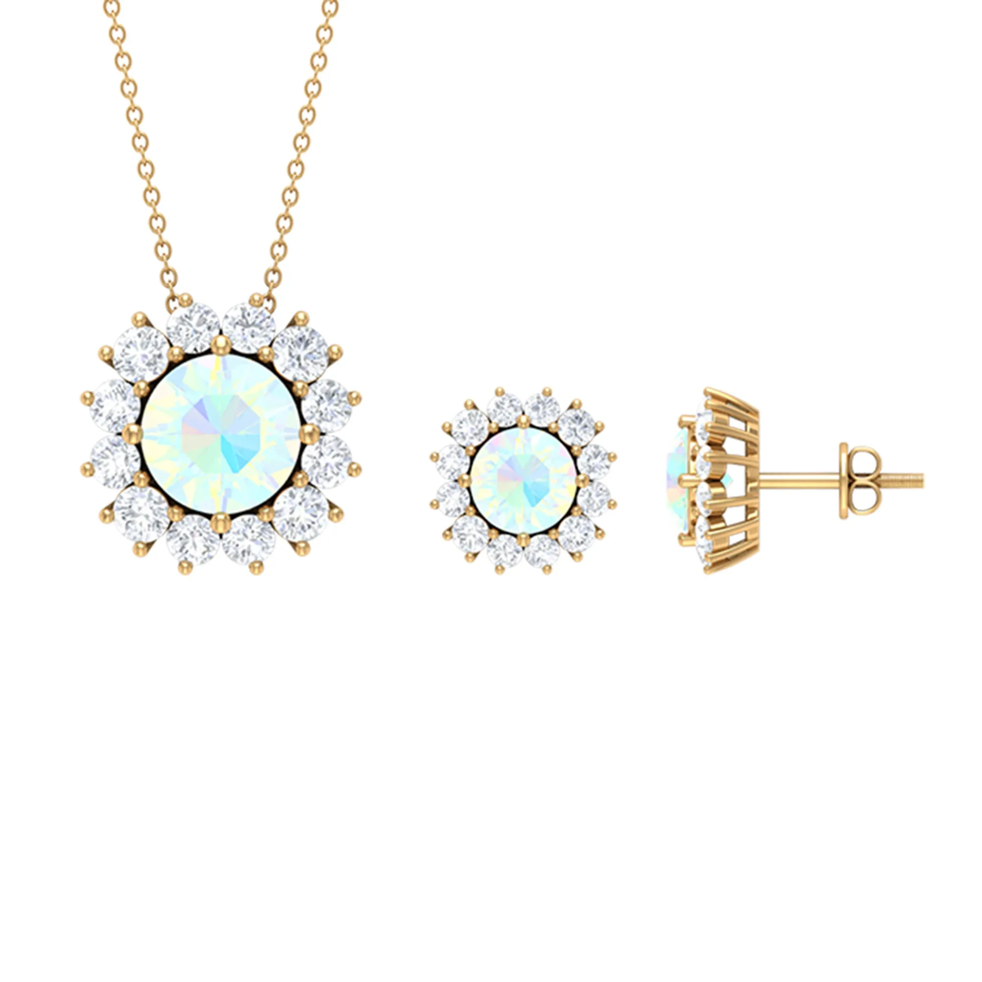 Ethiopian Opal and Moissanite Halo Pendant and Earrings Set