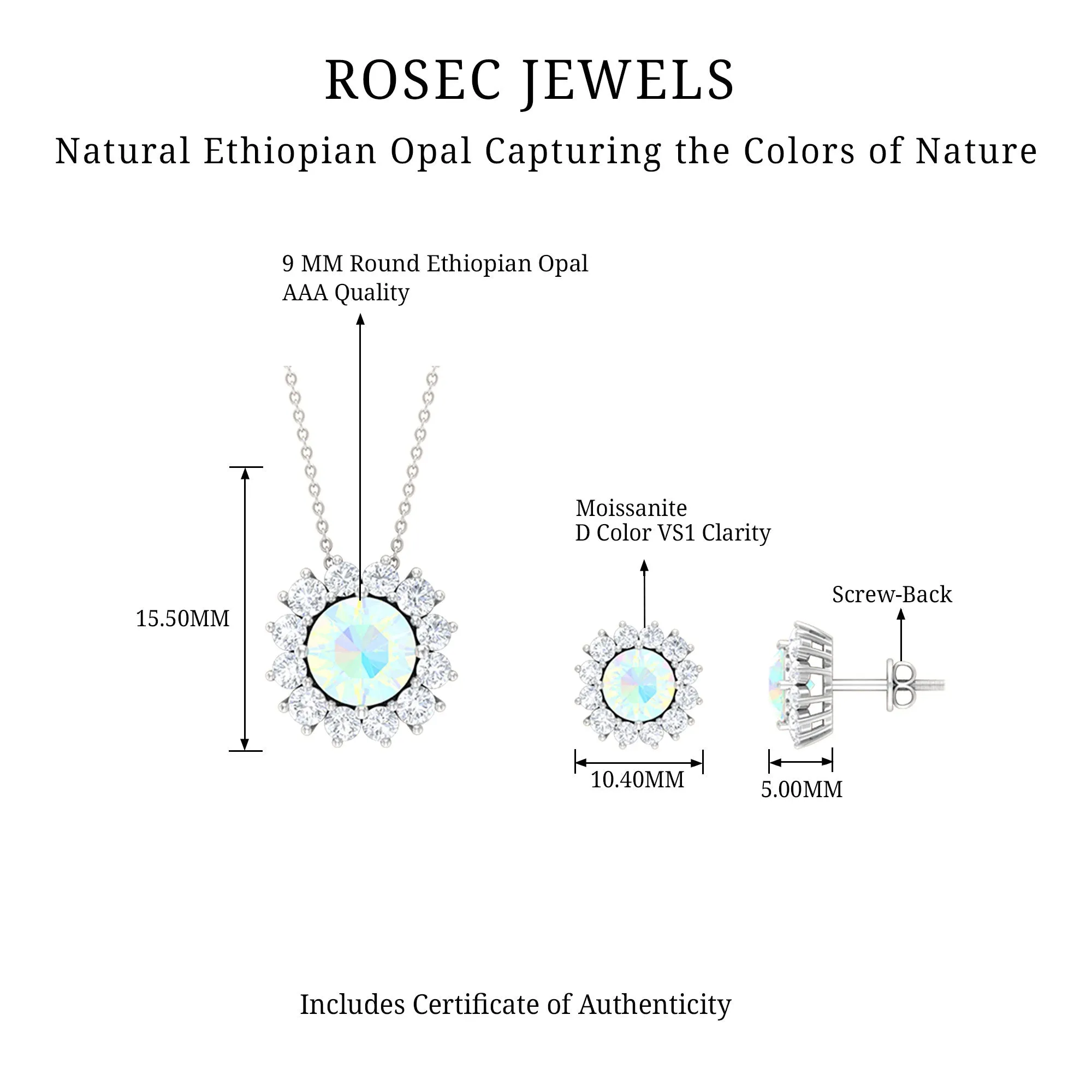 Ethiopian Opal and Moissanite Halo Pendant and Earrings Set