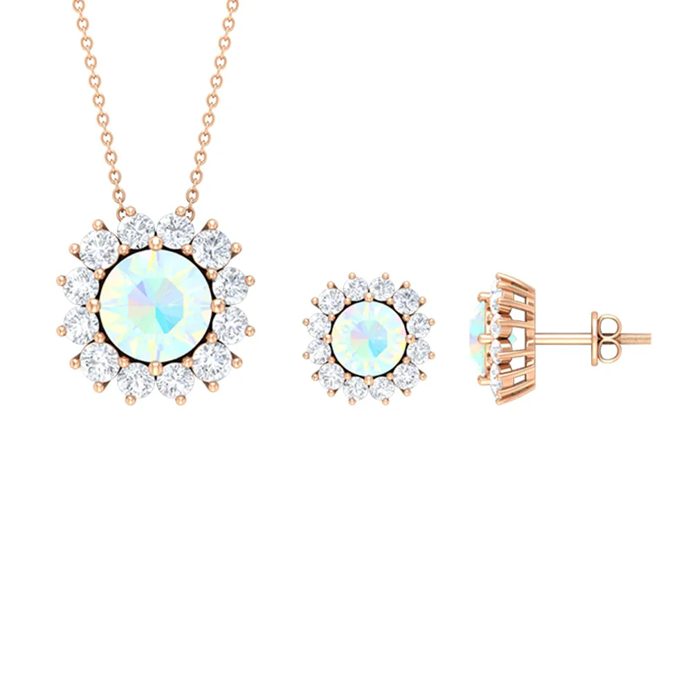 Ethiopian Opal and Moissanite Halo Pendant and Earrings Set