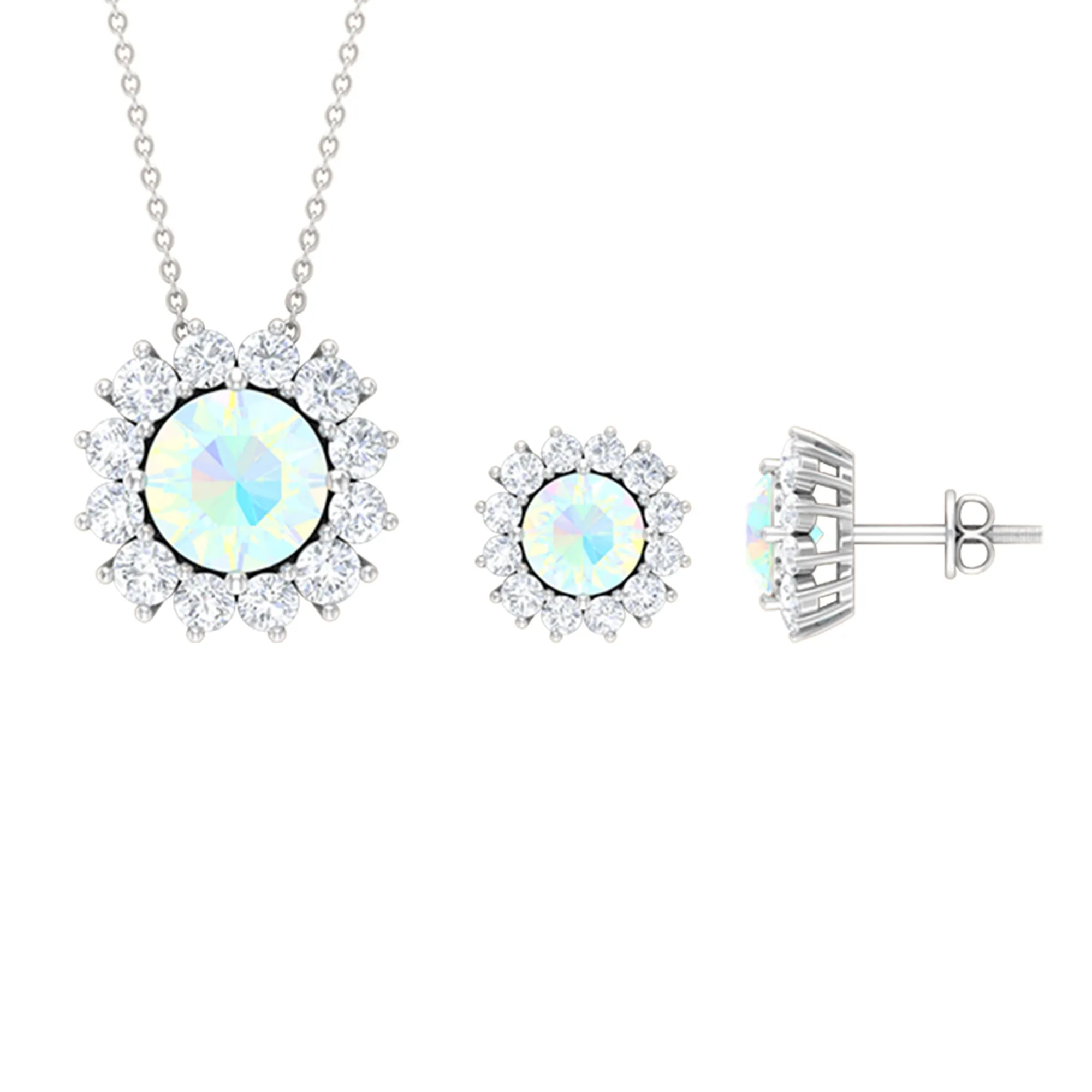 Ethiopian Opal and Moissanite Halo Pendant and Earrings Set
