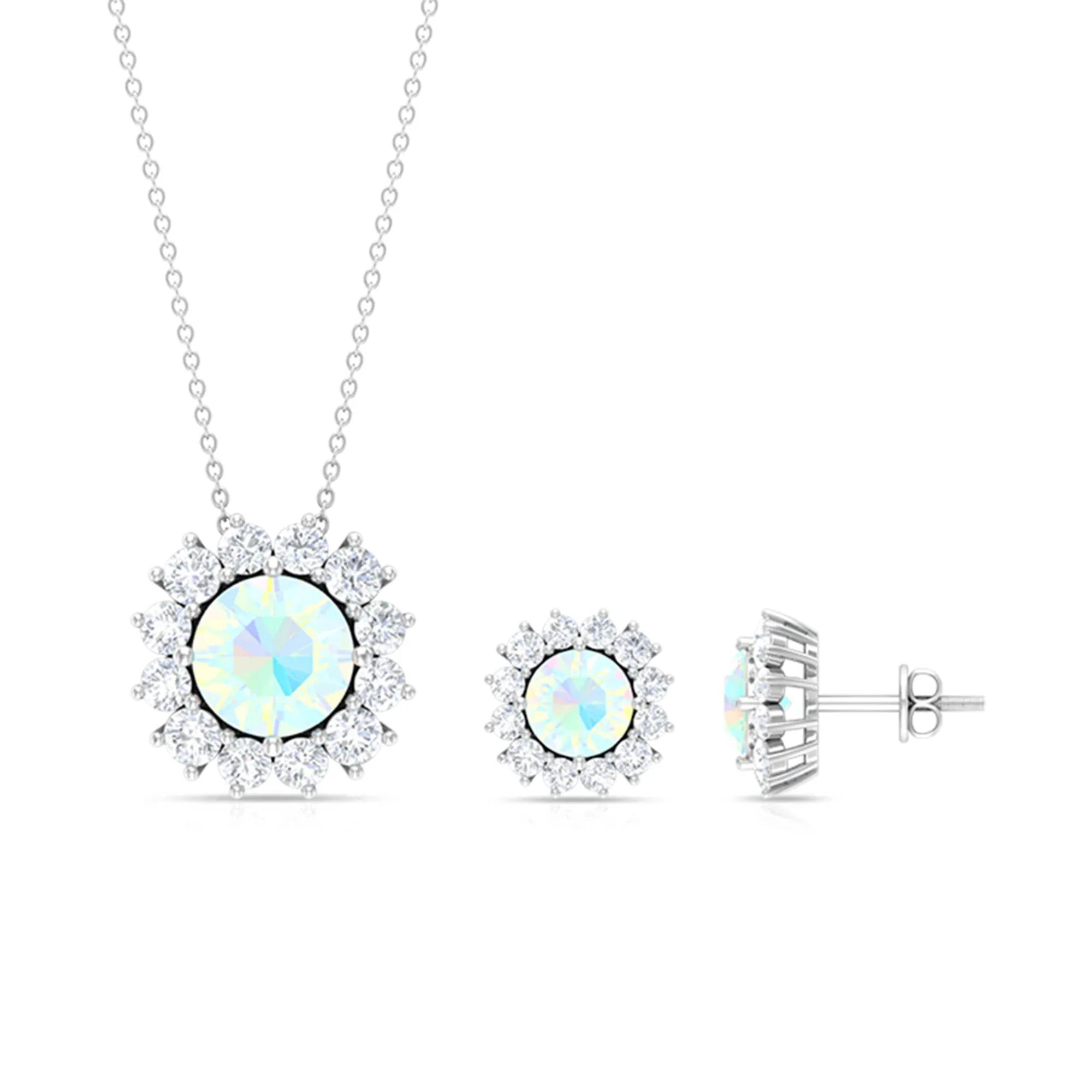 Ethiopian Opal and Moissanite Halo Pendant and Earrings Set