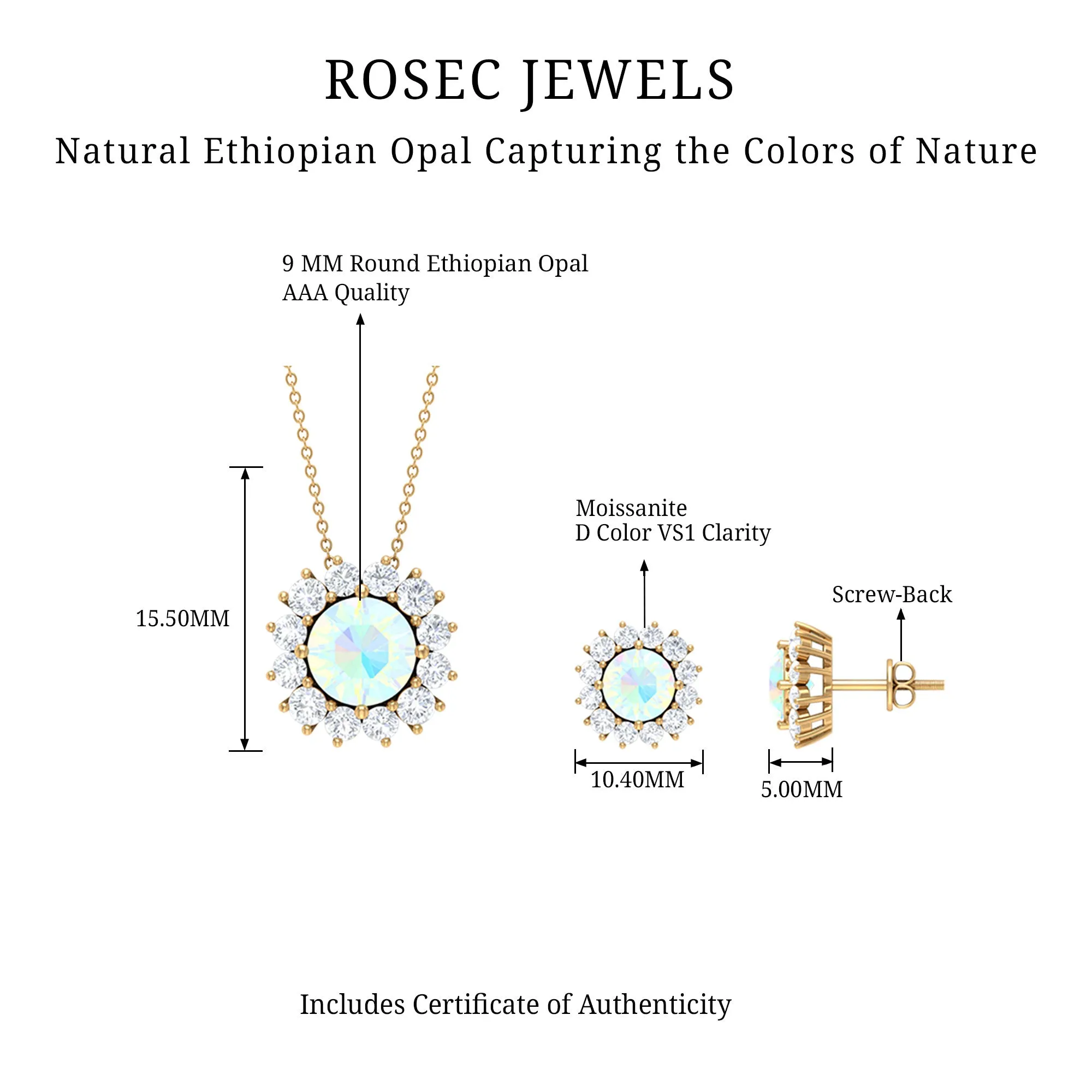 Ethiopian Opal and Moissanite Halo Pendant and Earrings Set