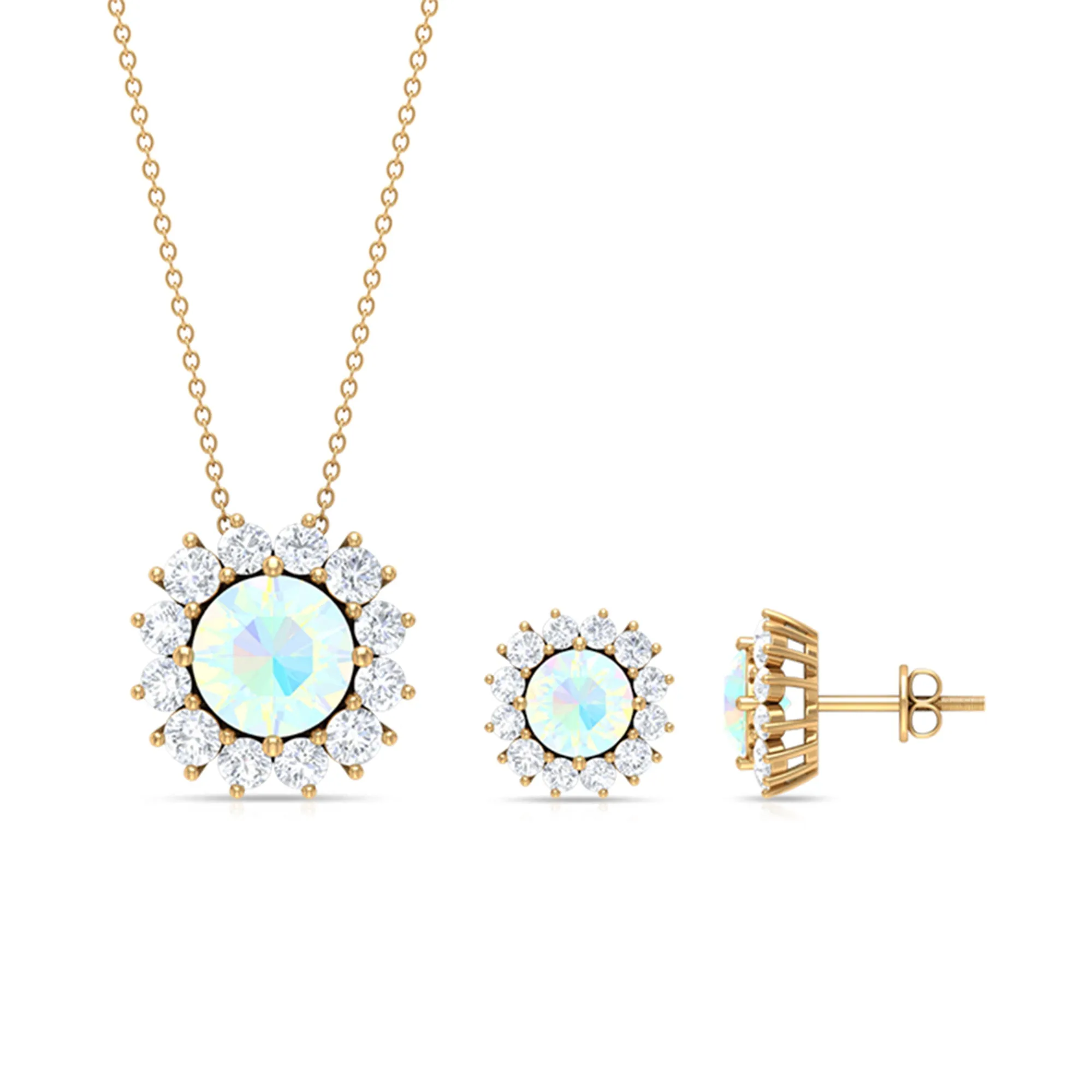 Ethiopian Opal and Moissanite Halo Pendant and Earrings Set
