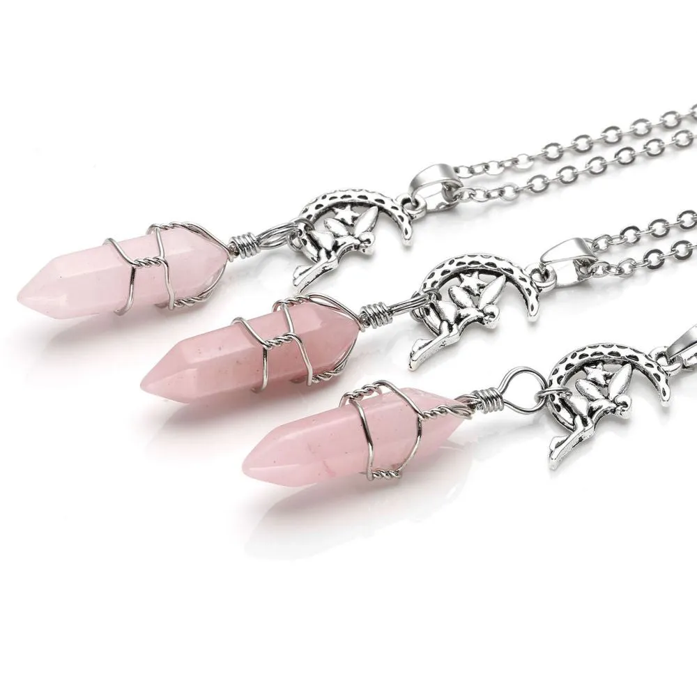 Fairy Rose Quartz Hexagonal Point Pendant Necklace | Jovivi