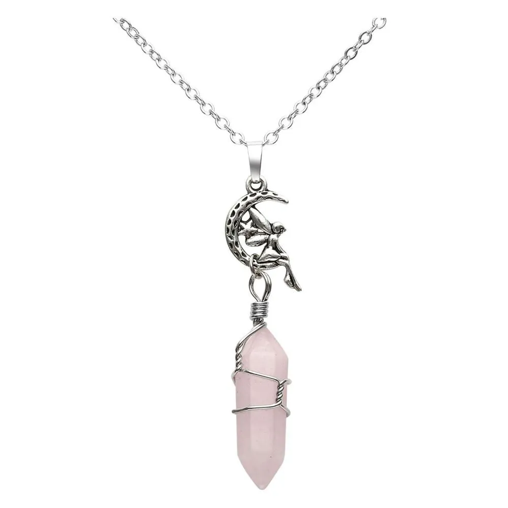 Fairy Rose Quartz Hexagonal Point Pendant Necklace | Jovivi