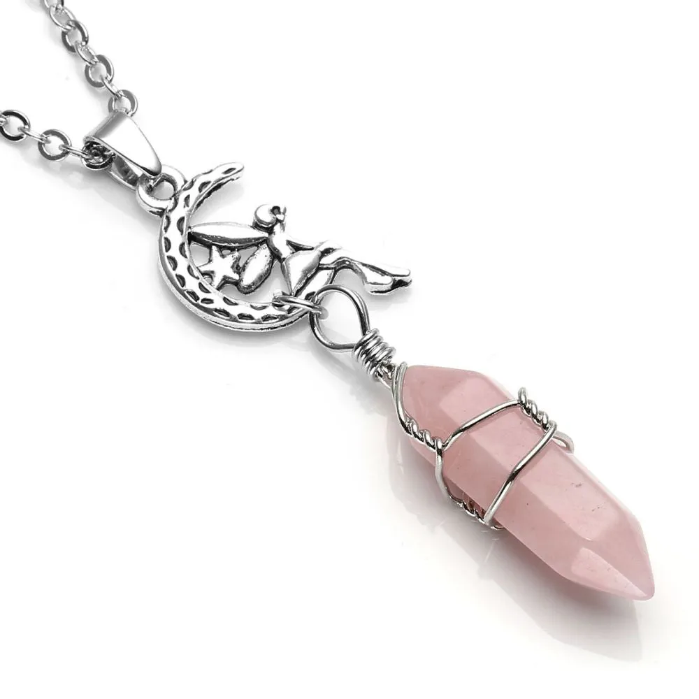 Fairy Rose Quartz Hexagonal Point Pendant Necklace | Jovivi