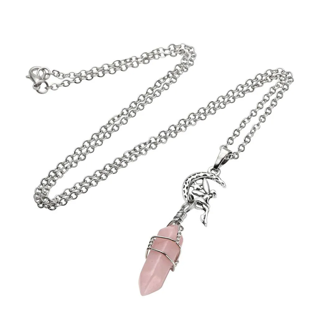 Fairy Rose Quartz Hexagonal Point Pendant Necklace | Jovivi