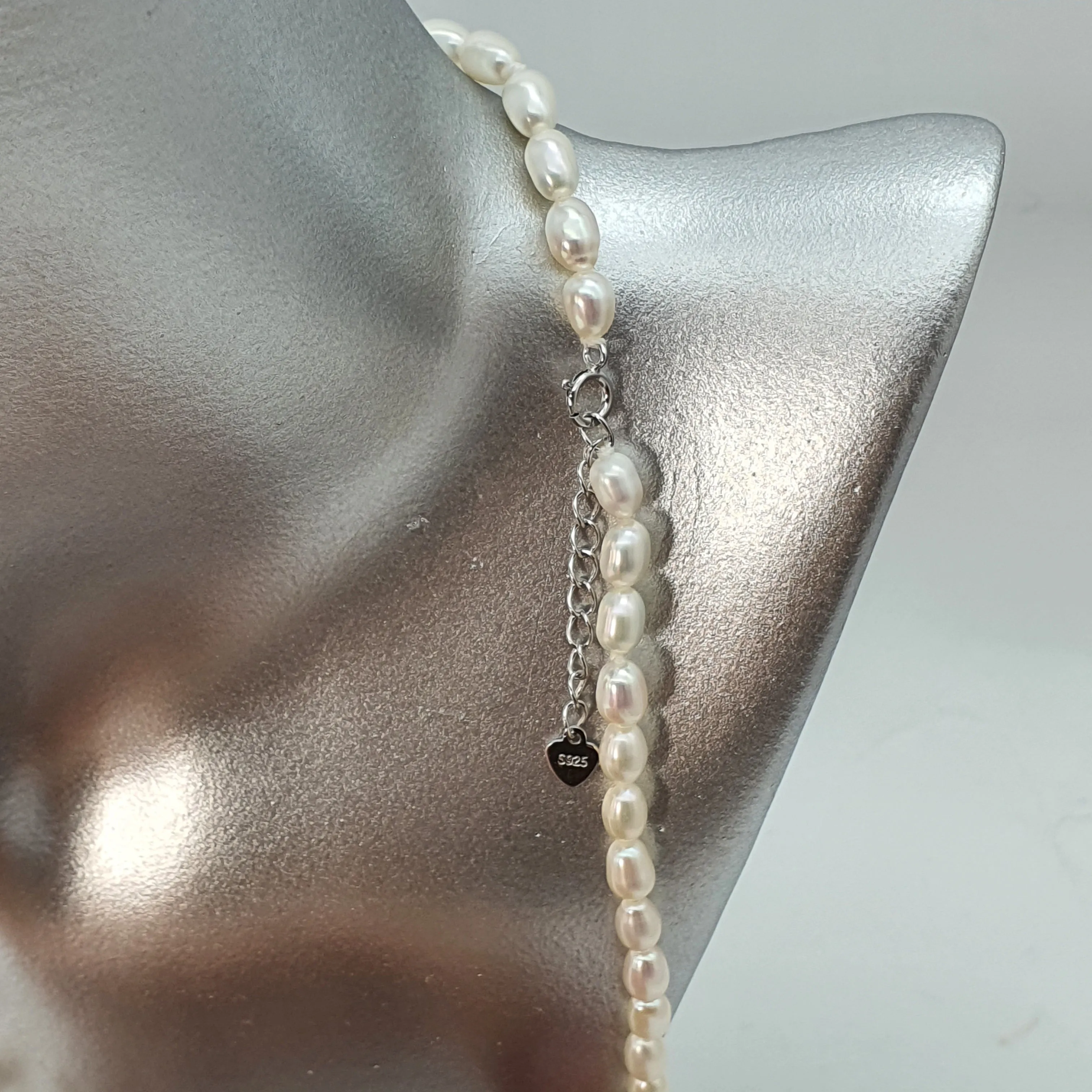 Feshwater Cultured Pearl Strand With Pendant , Sterling Silver Fower Clasp