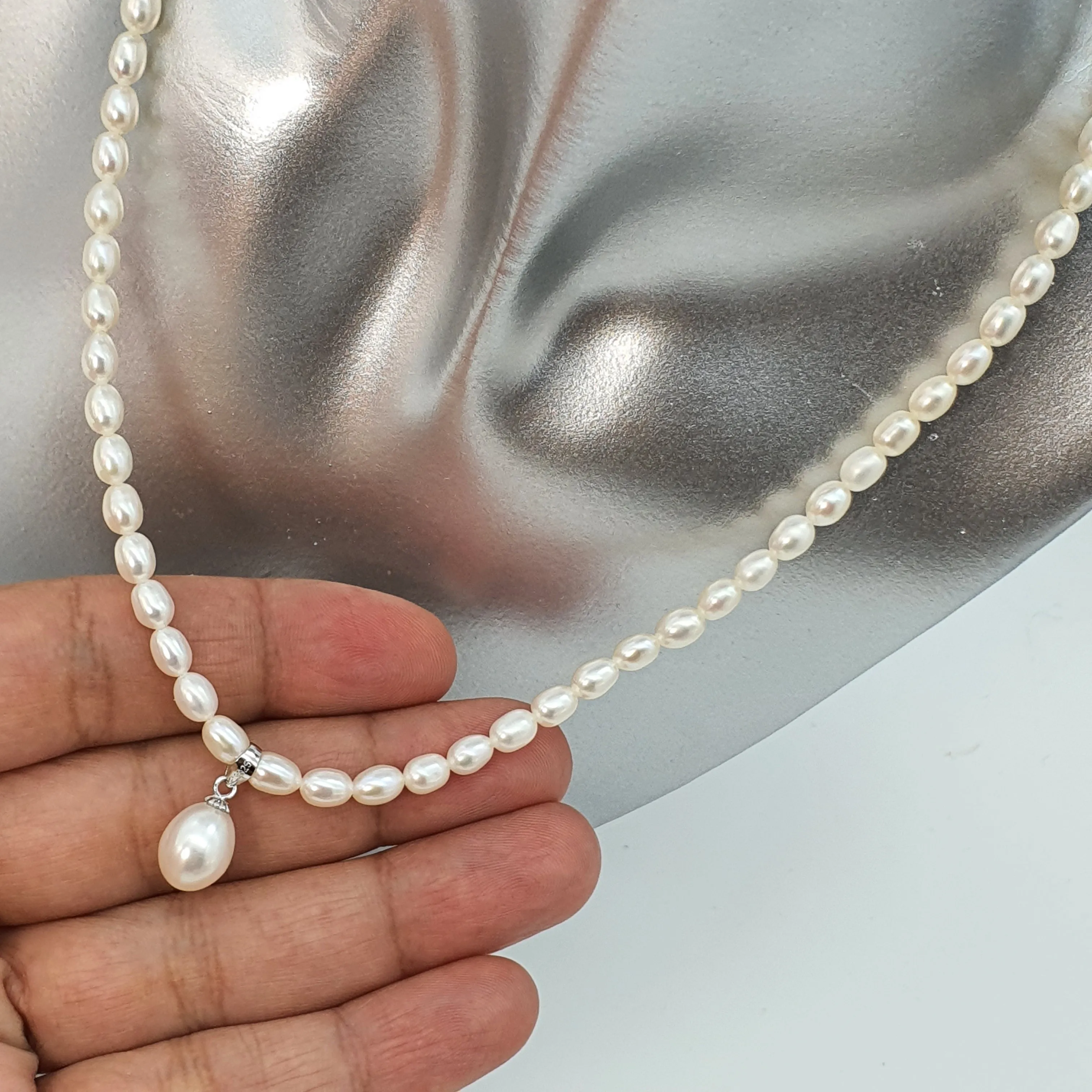 Feshwater Cultured Pearl Strand With Pendant , Sterling Silver Fower Clasp