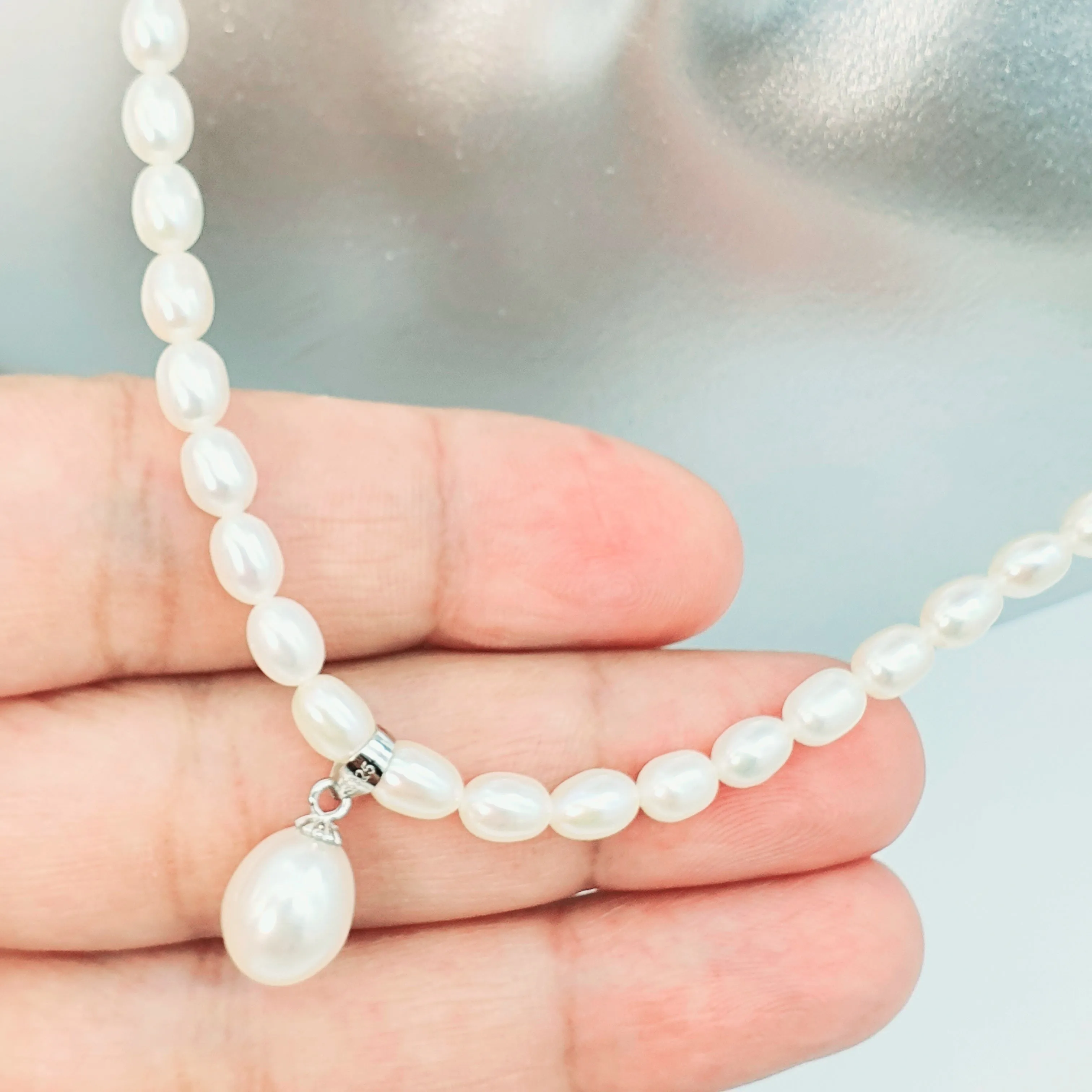 Feshwater Cultured Pearl Strand With Pendant , Sterling Silver Fower Clasp