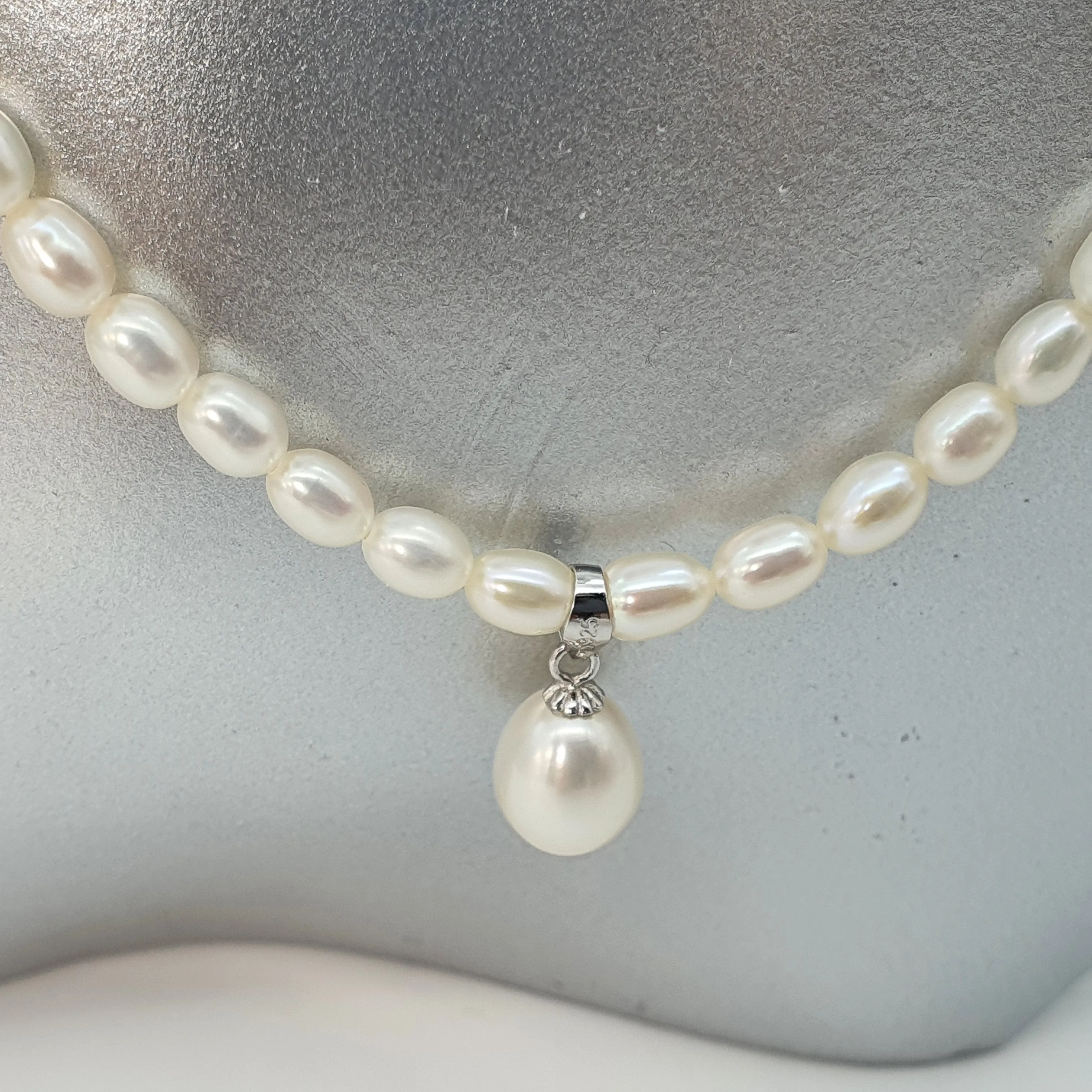 Feshwater Cultured Pearl Strand With Pendant , Sterling Silver Fower Clasp