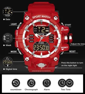 FOXBOX Red Sports Military Quartz Watch Waterproof Digital Dual Display For Man