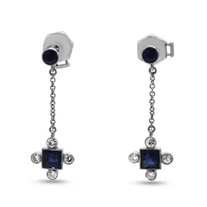 French Sapphire & Diamond Drop Earrings Circa 1940's