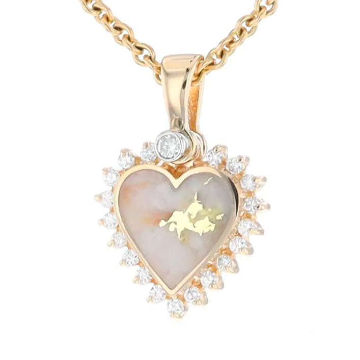 G1 Gold Quartz Pendant Heart Inlaid .21ctw Diamond Halo Design Pendant