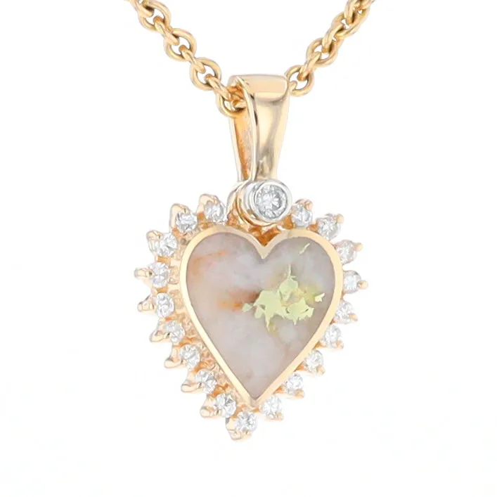 G1 Gold Quartz Pendant Heart Inlaid .21ctw Diamond Halo Design Pendant