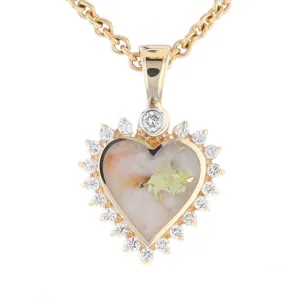 G1 Gold Quartz Pendant Heart Inlaid .21ctw Diamond Halo Design Pendant