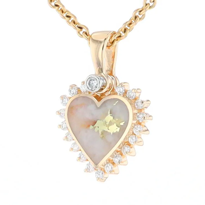G1 Gold Quartz Pendant Heart Inlaid .21ctw Diamond Halo Design Pendant