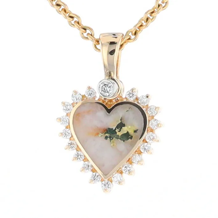 G1 Gold Quartz Pendant Heart Inlaid .21ctw Diamond Halo Design Pendant