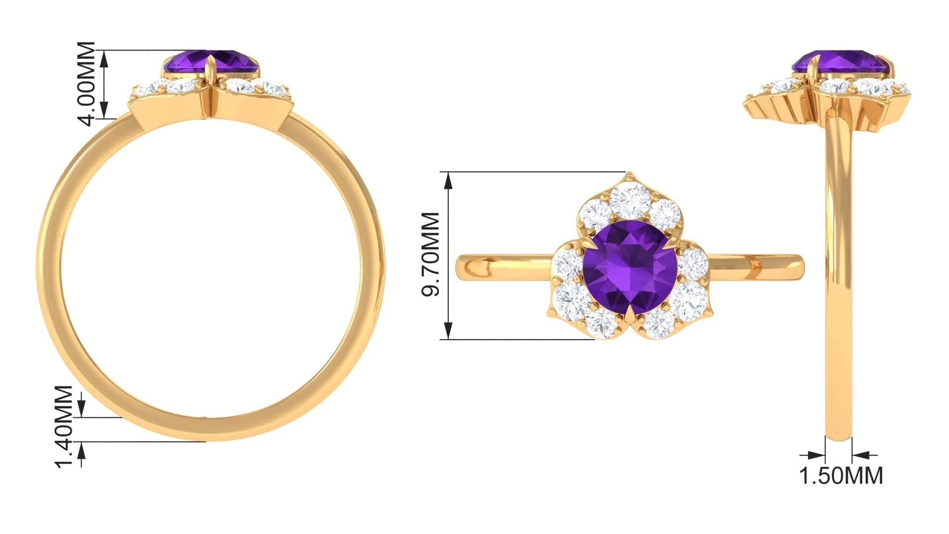 Genuine Amethyst Flower Engagement Ring with Diamond