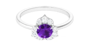 Genuine Amethyst Flower Engagement Ring with Diamond