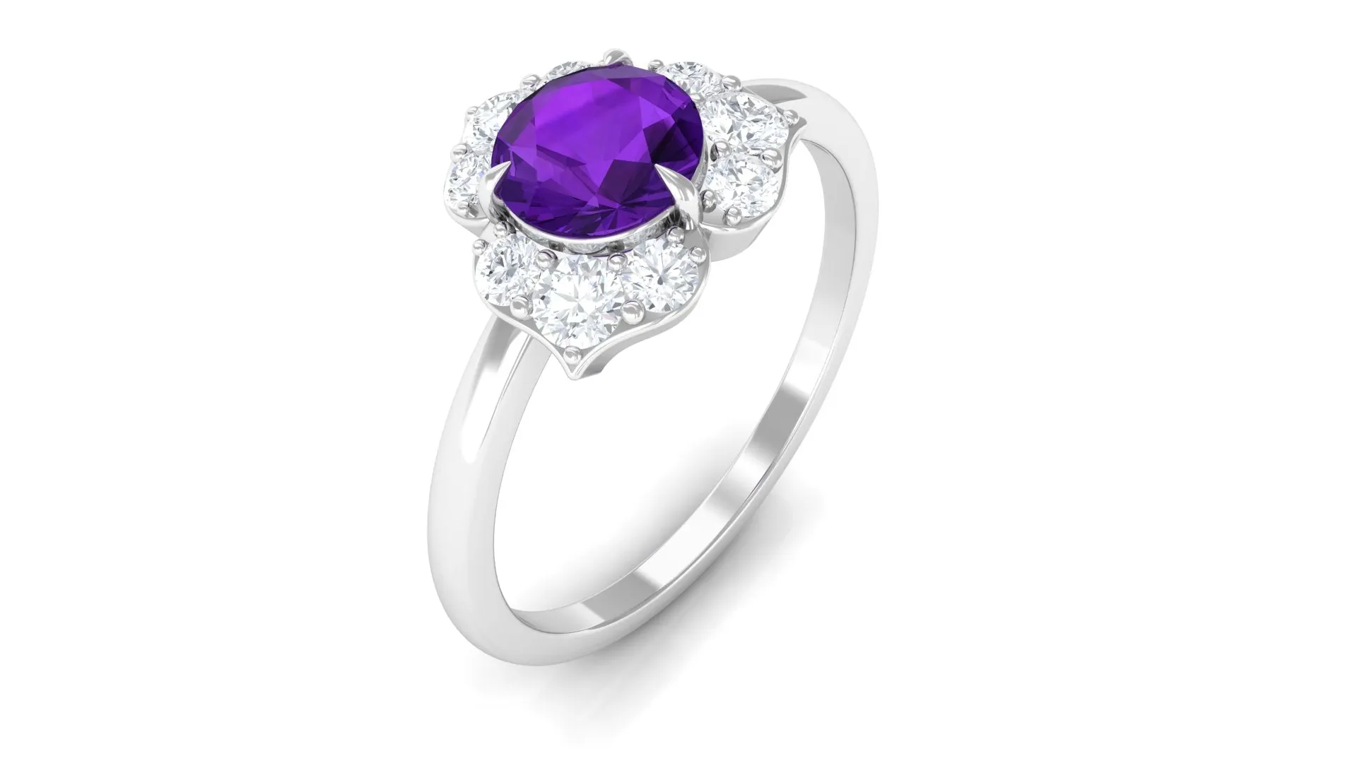 Genuine Amethyst Flower Engagement Ring with Diamond