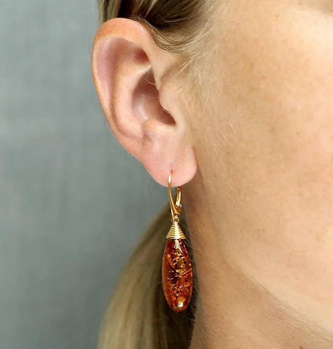 Gold Amber Cone Top Drop Earrings