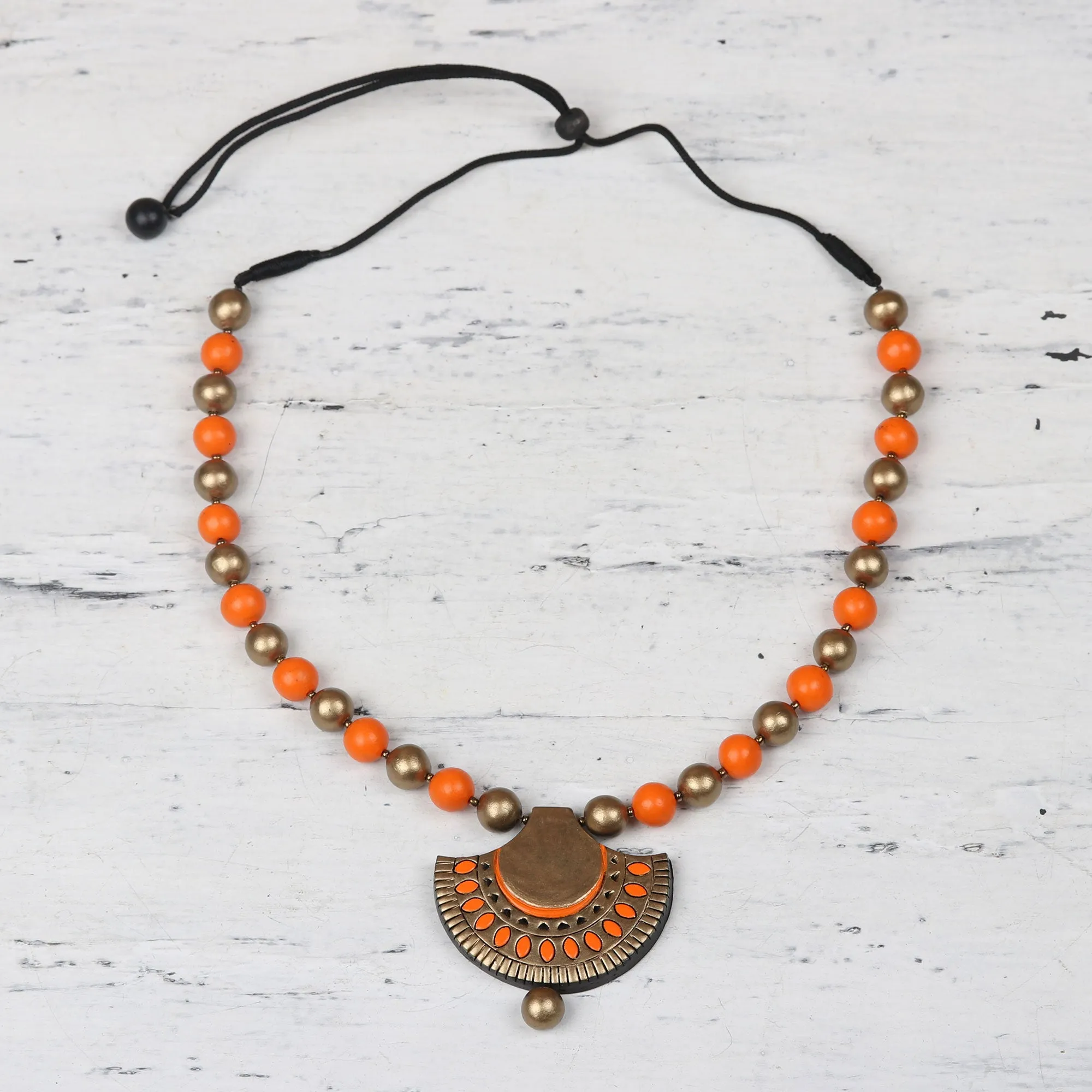 Gold and Orange Ceramic Ornate Fan Beaded Pendant Necklace - Ornate Fans