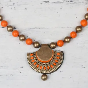 Gold and Orange Ceramic Ornate Fan Beaded Pendant Necklace - Ornate Fans