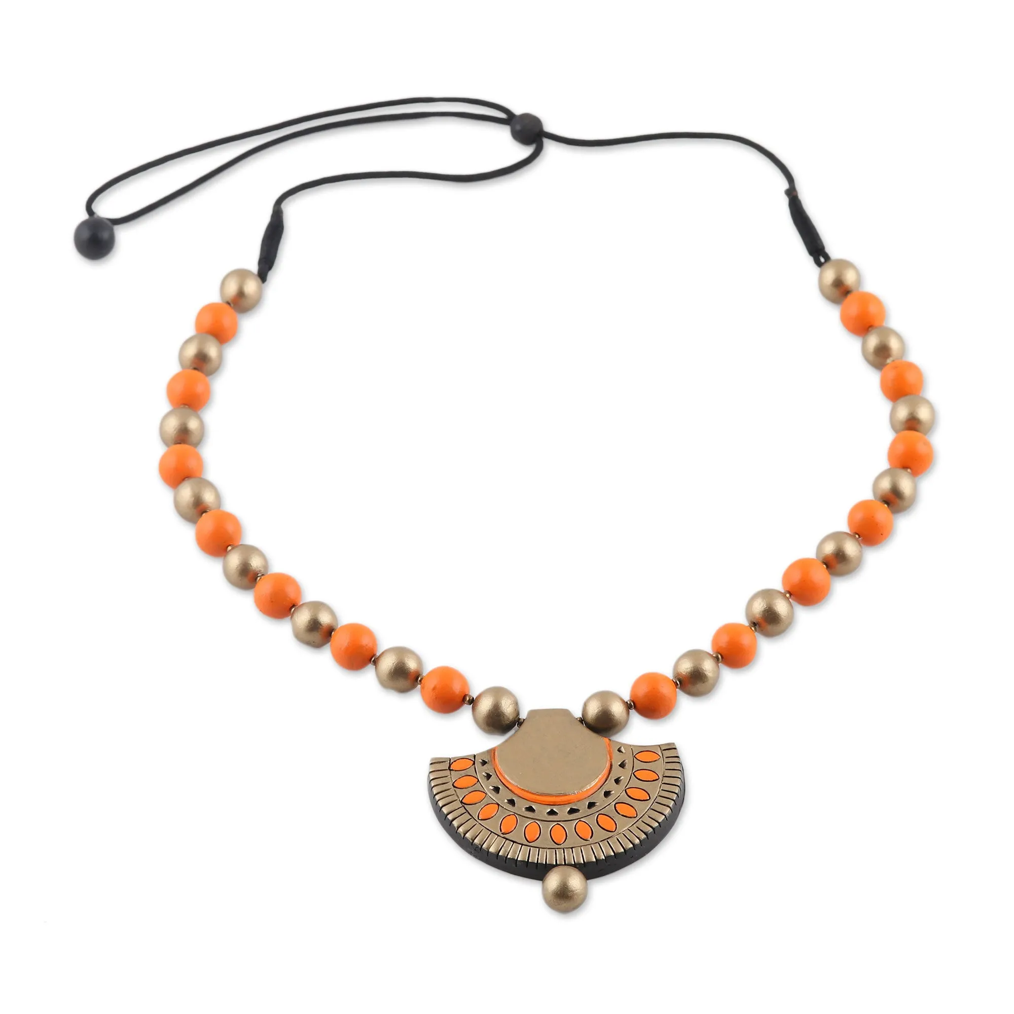 Gold and Orange Ceramic Ornate Fan Beaded Pendant Necklace - Ornate Fans