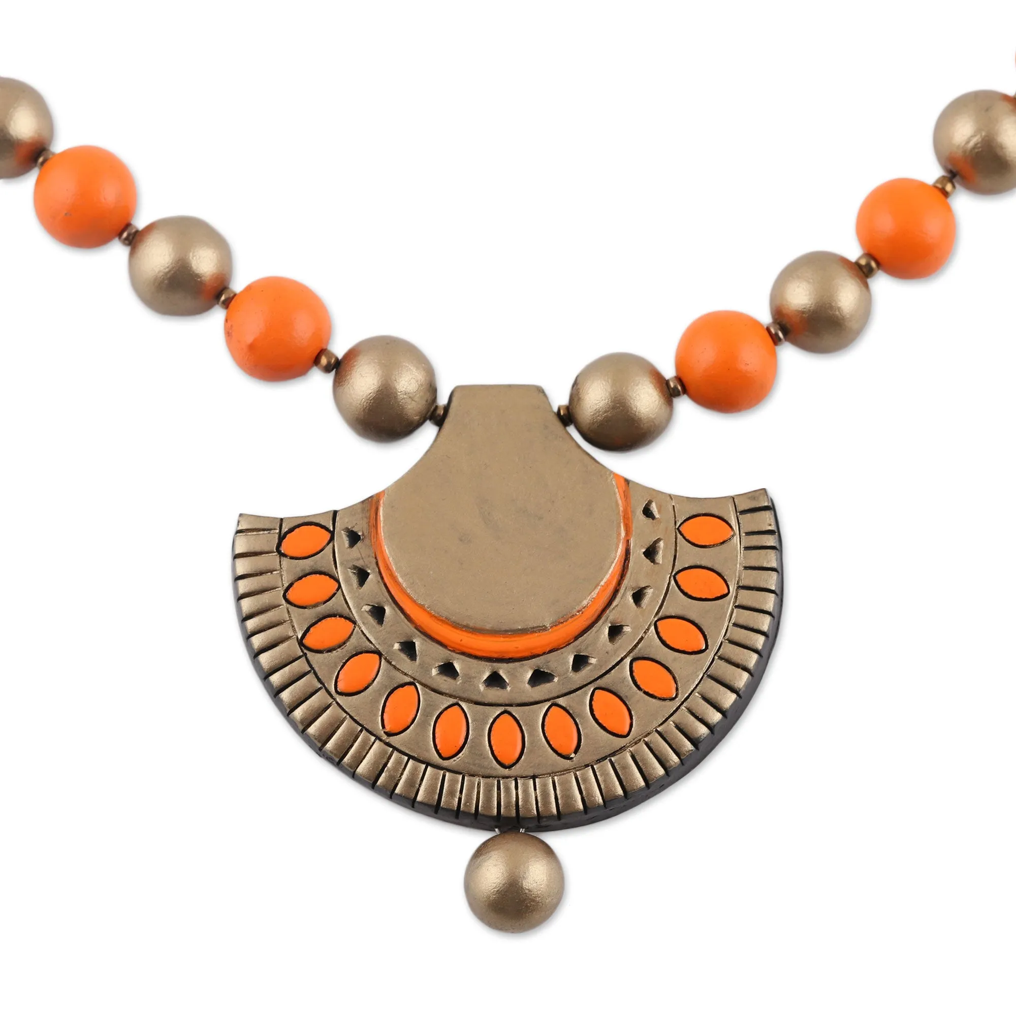 Gold and Orange Ceramic Ornate Fan Beaded Pendant Necklace - Ornate Fans