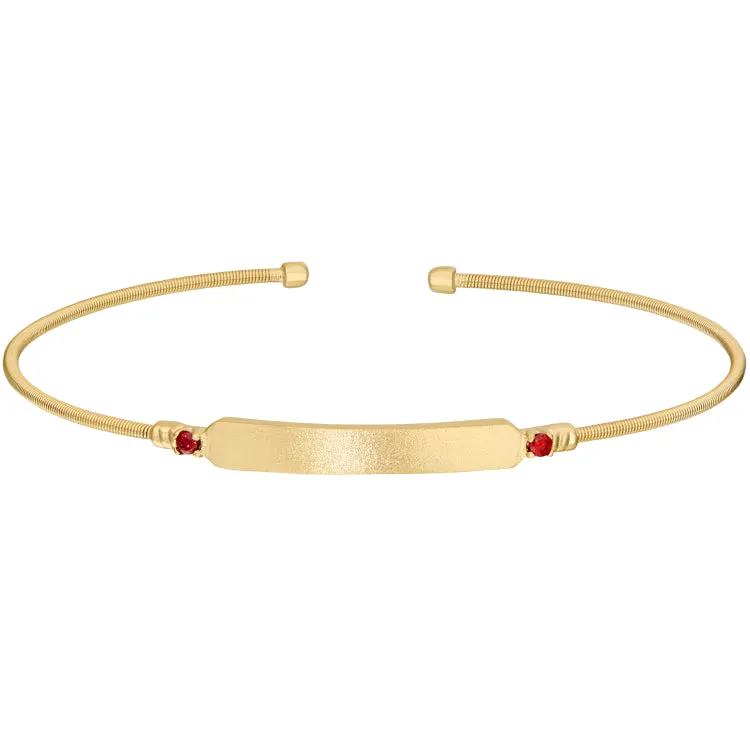 Gold Finish Sterling Silver Cable Cuff Bracelet with Name Plate and Simulated Ruby Birth Gems - July