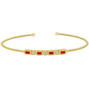 Gold Finish Sterling Silver Cable Cuff Bracelet with Simulated Ruby and Simulated Diamonds