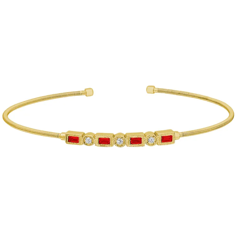 Gold Finish Sterling Silver Cable Cuff Bracelet with Simulated Ruby and Simulated Diamonds