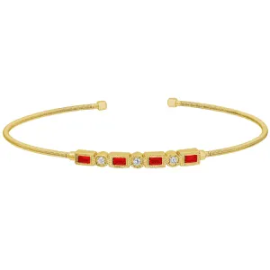 Gold Finish Sterling Silver Cable Cuff Bracelet with Simulated Ruby and Simulated Diamonds