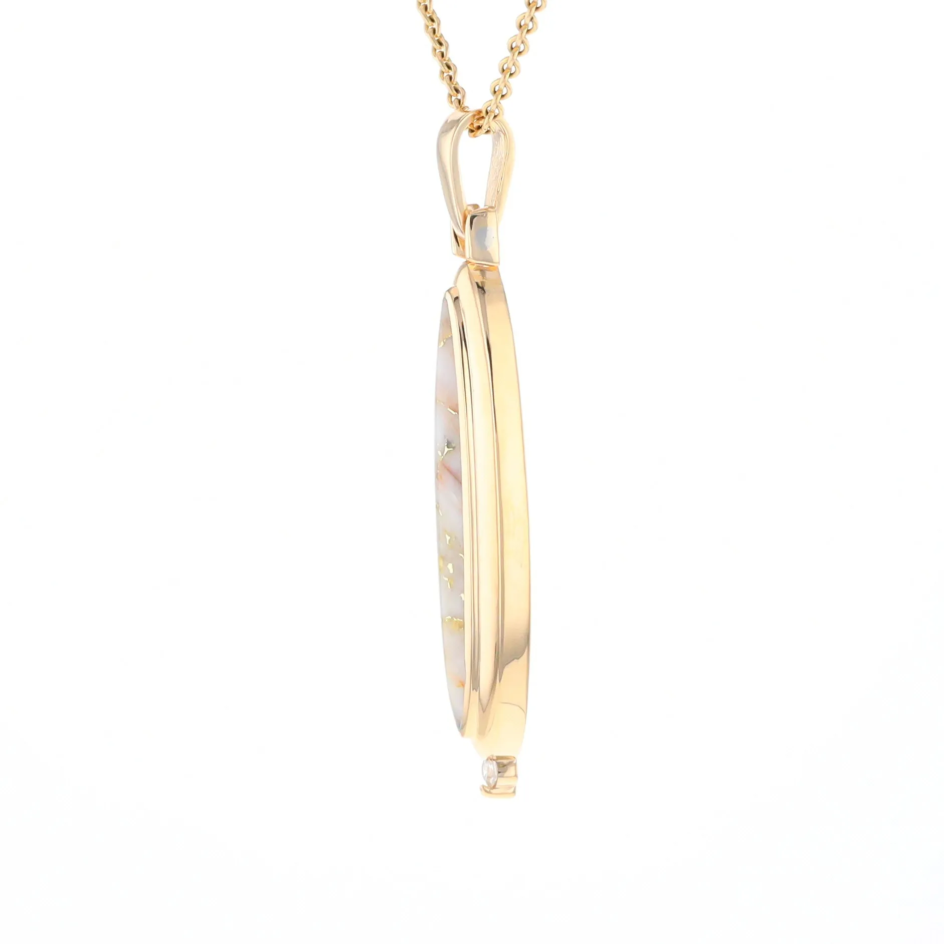 Gold Quartz Necklace Long Oval Inlaid Pendant with .05ct Diamond
