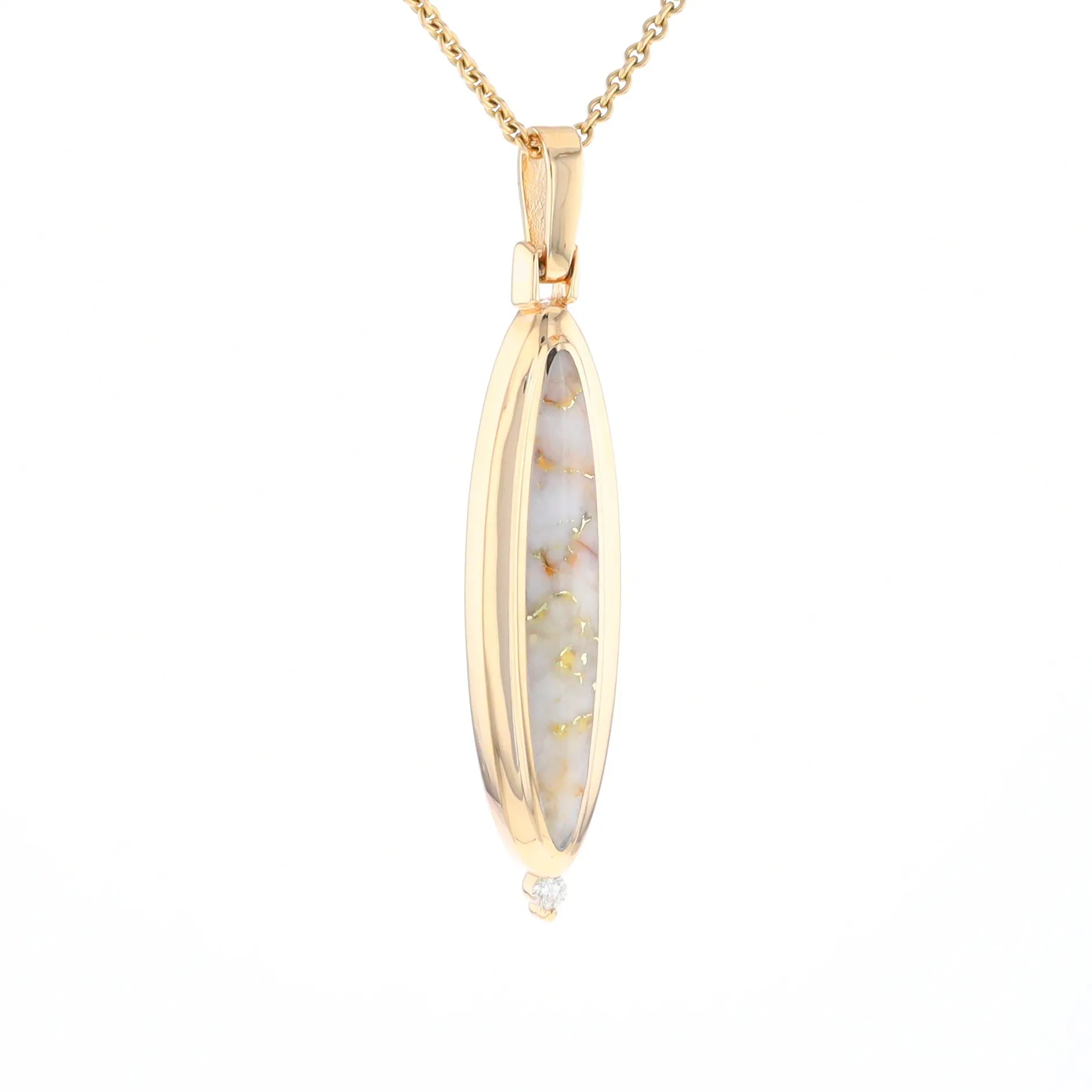 Gold Quartz Necklace Long Oval Inlaid Pendant with .05ct Diamond