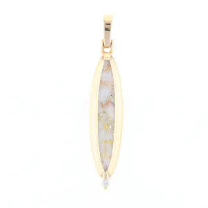 Gold Quartz Necklace Long Oval Inlaid Pendant with .05ct Diamond