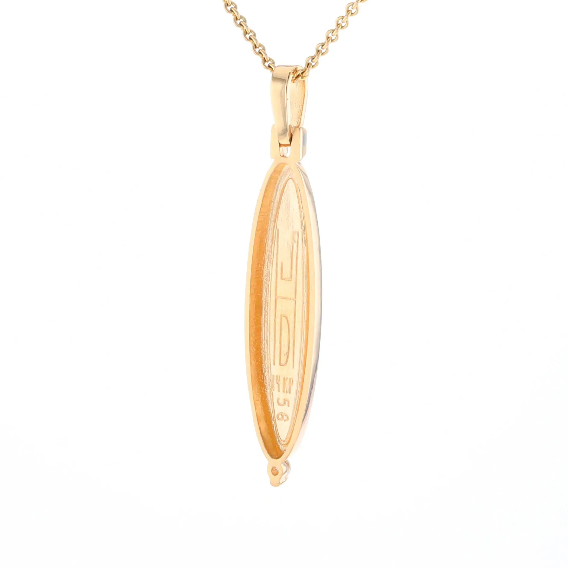 Gold Quartz Necklace Long Oval Inlaid Pendant with .05ct Diamond