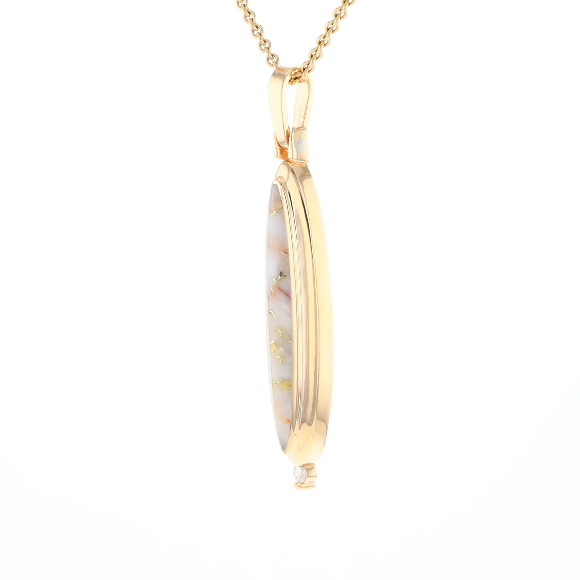Gold Quartz Necklace Long Oval Inlaid Pendant with .05ct Diamond