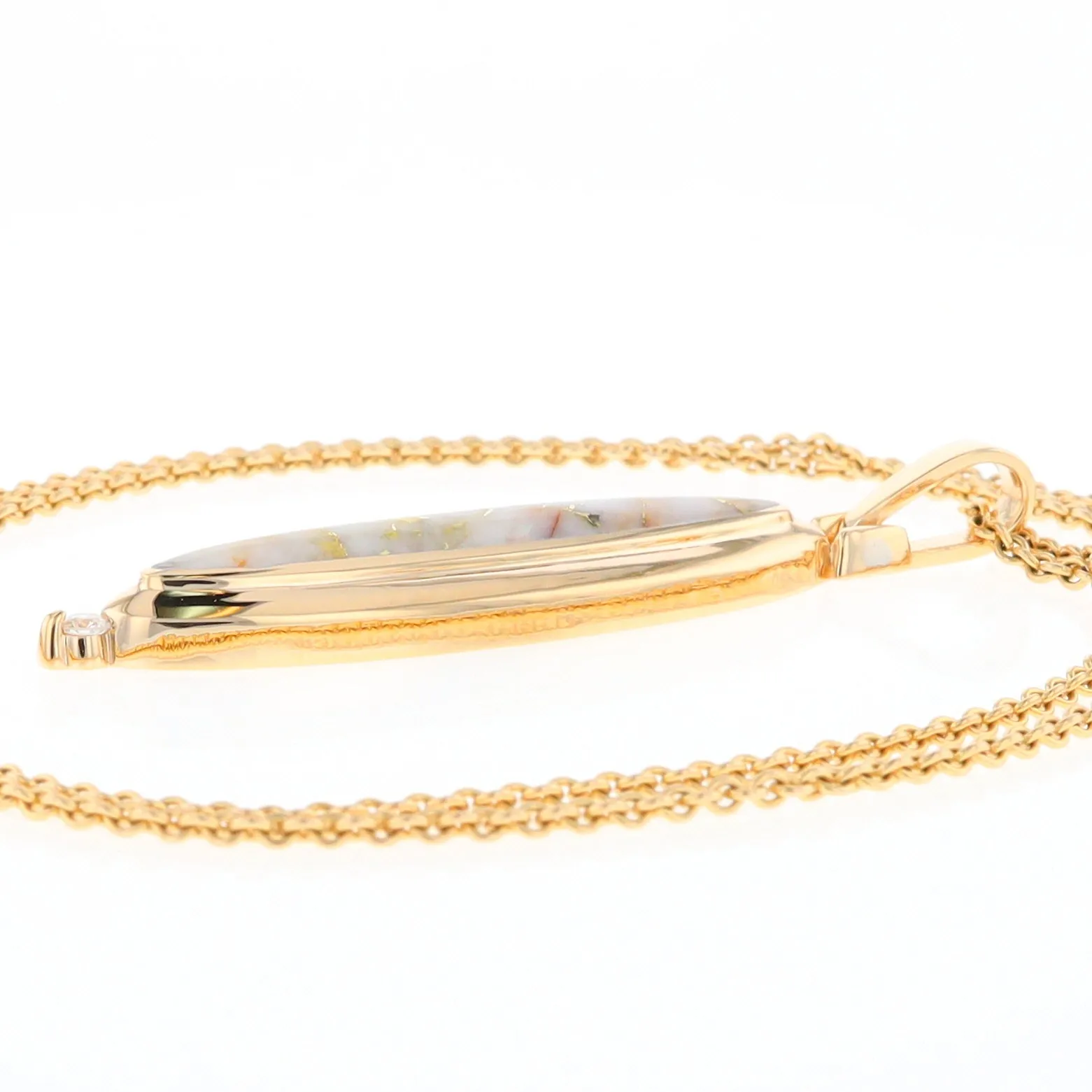 Gold Quartz Necklace Long Oval Inlaid Pendant with .05ct Diamond