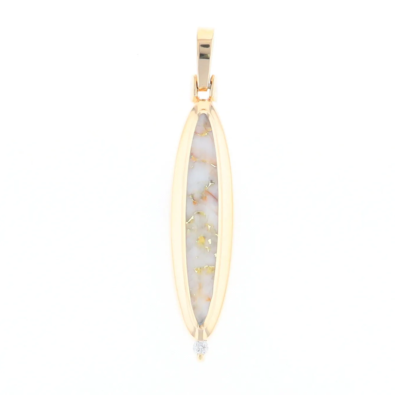Gold Quartz Necklace Long Oval Inlaid Pendant with .05ct Diamond