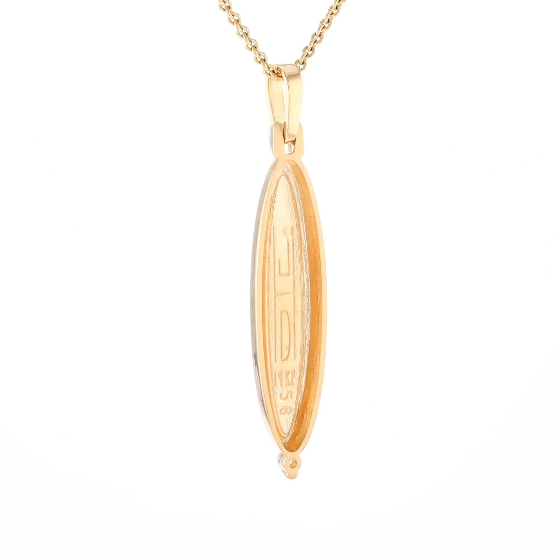 Gold Quartz Necklace Long Oval Inlaid Pendant with .05ct Diamond