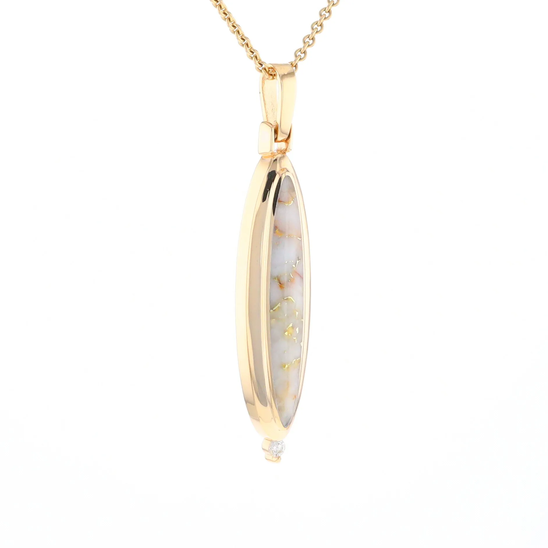 Gold Quartz Necklace Long Oval Inlaid Pendant with .05ct Diamond